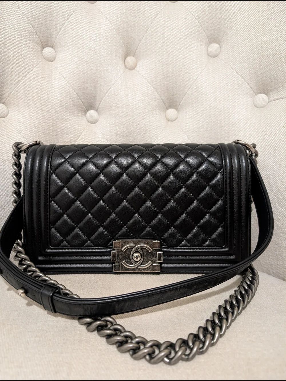 Chanel Black Quilted Leather Boy Bag with Chain Strap